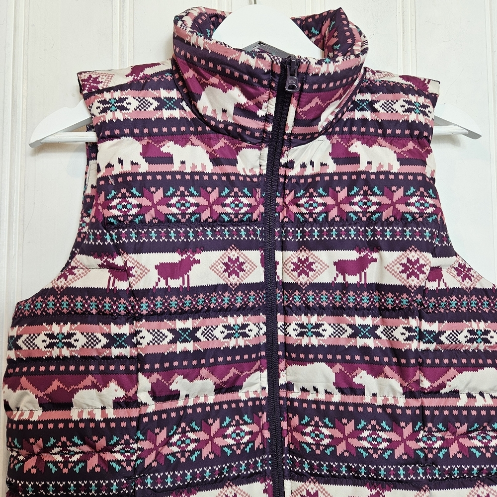 Lands’ End Down Puffer Vest Size S Reindeer Bear Print Snow Holiday Winter Xmas - Picture 3 of 14